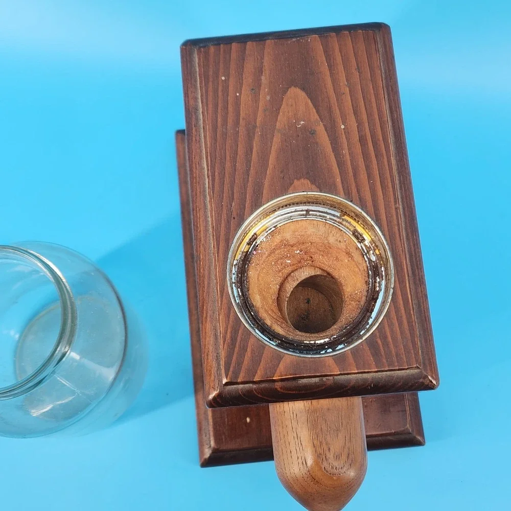 Vintage Wooden Candy Nut Peanut Dispenser Glass Jar Pull Handle Rustic Handmade